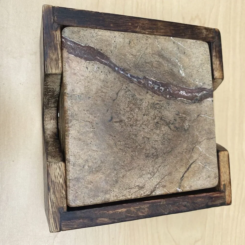 Marble Stone Coaster Set of 4 w Wood Holder Natural Veining Square Heavy